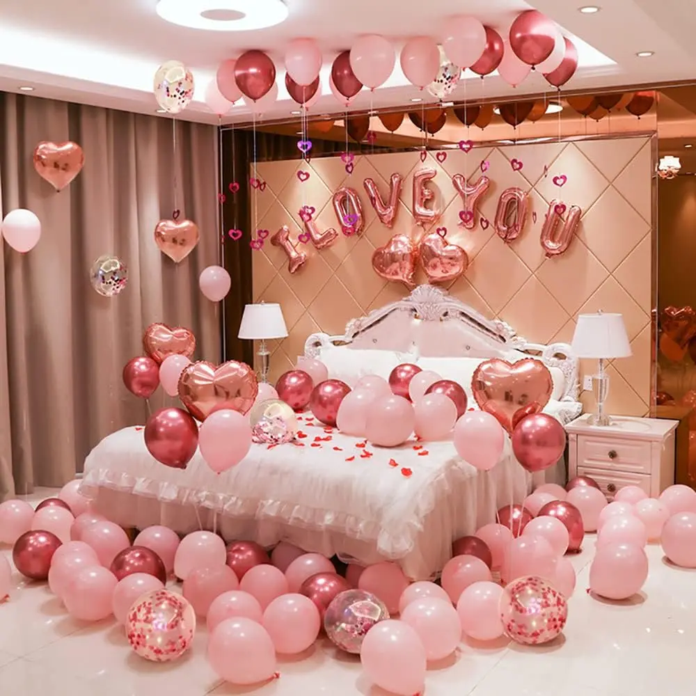 101-Pack Valentine's Day Rubber Balloons Kit, Rose Gold Pink Heart-Shape Latex Foil Set with Rose Petals & "I Love You" Accents, Love Gifts for Romantic Events Decorations
