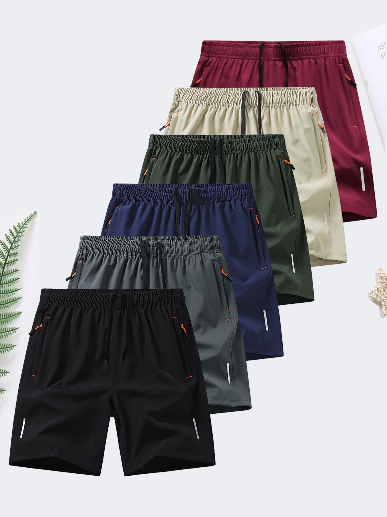 6-piece set, men's zipper pocket shorts, summer ice silk beach shorts, ice-sense quick-dry sports casual pants, basketball shorts thin, plus-size men's clothing reflective strip design, Menswear,Plain Trouser,suitable for running and fitness. Beige