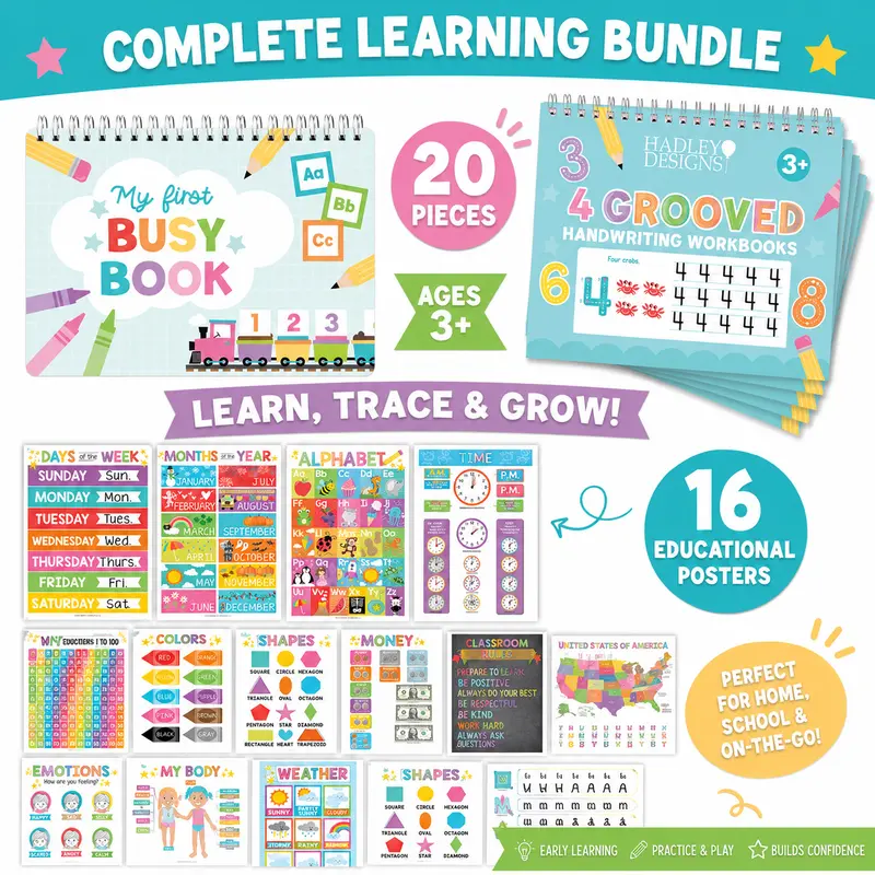 Hadley Designs 3-Piece Homeschool Preschool Bundle for Ages 3-7 - Homeschool Curriculum, 16 Educational Wall Charts, Montessori Busy Book, Grooved Handwriting Practice Set, 2 Magic Pens - Early Learning Classroom Supplies, Kids' Gift Ideas, Alphabet