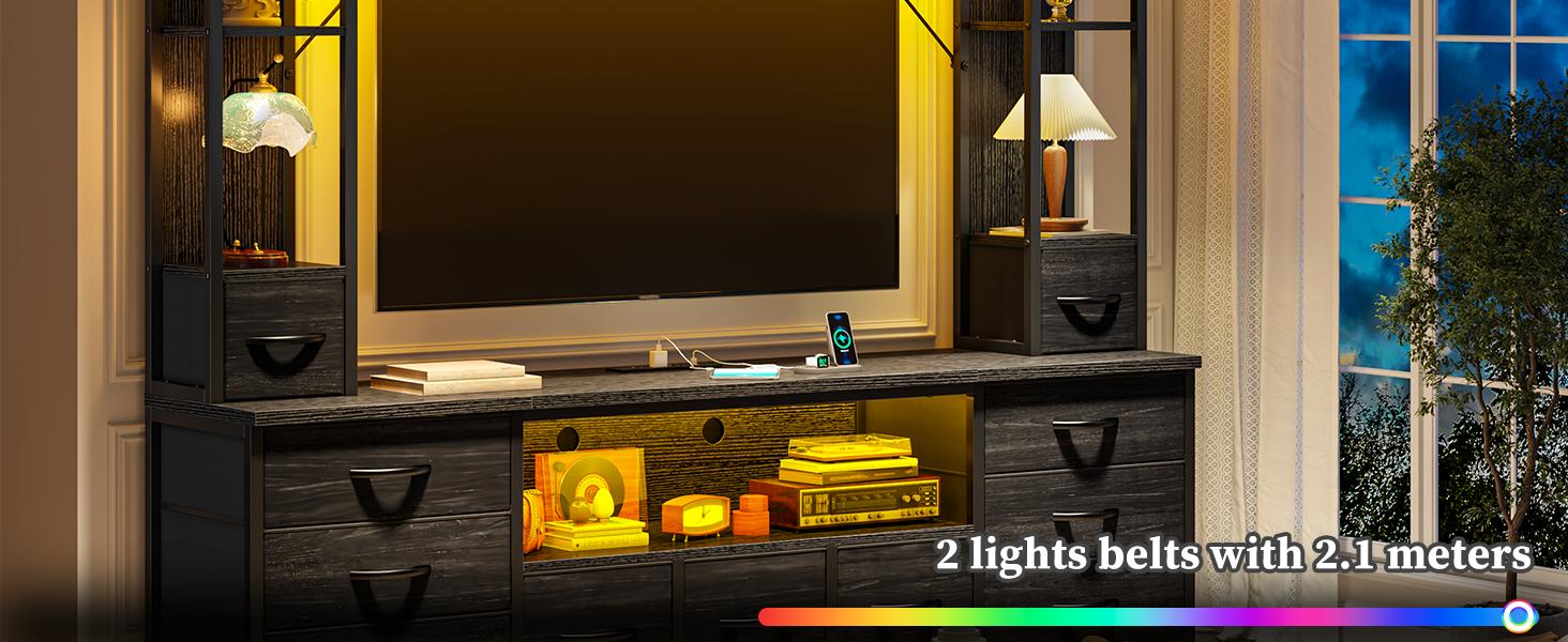 RaybeeFurniture 65" TV Stands for Living Room, Large Wall Unit Entertainment Center with 11 Fabric Drawer,Dresser TV Stand with 2 LED Lights & Power Outlets,TV Stand for Bedroom with Storage Shelf