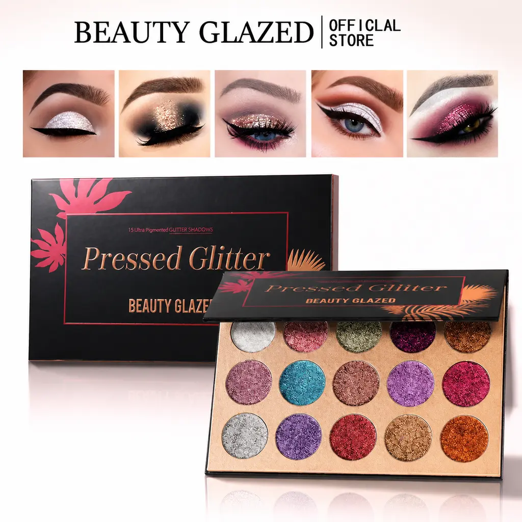 BEAUTY GLAZED Pressed Glitter Premium Shimmer Eyeshadow Palette - 15 Stunning Shades, Highly Pigmented, Long-Lasting Youth-Focused Cosmetic, Easy Eyeshadow for Eyes & Lips, Suitable for All Skin Types