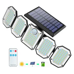 Solar Outdoor Lights 300LED 7000K | 5 Adjustable Heads Motion Sensor | IP65 Waterproof 3 Modes | Remote Control Flood Light for Yard Garage Garden Patio Lighting