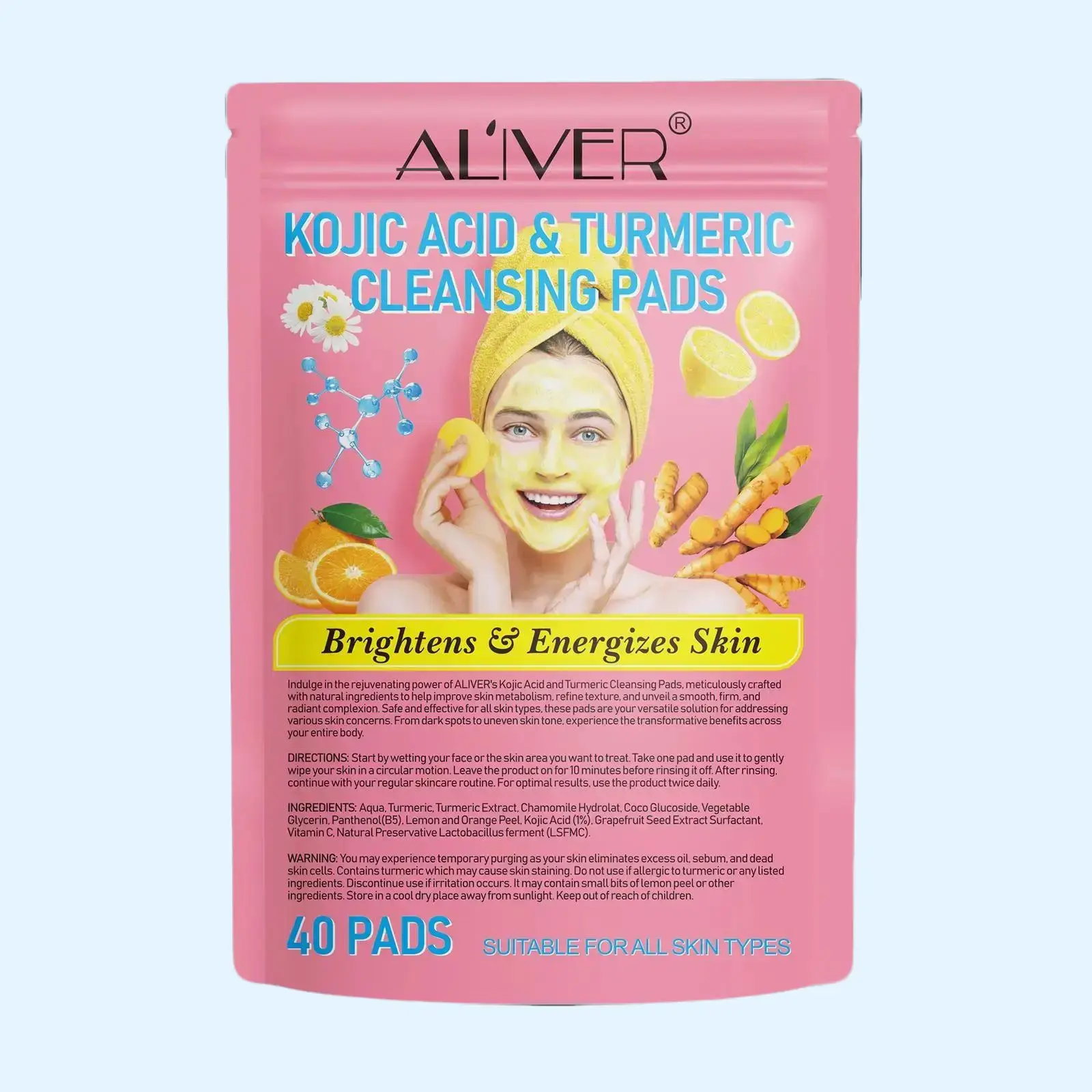 Aliver Kojic Acid & Turmeric Cleansing Pads, 40 Pads | Gentle Brightening & Daily Skin Cleansing for Face & Body