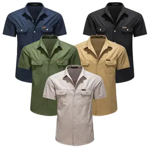 Men’s Cargo Short-Sleeve Shirt, Summer Loose Casual Workwear Top with Double Pockets for Outdoor Use Menswear Small