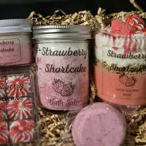 Strawberry Shortcake Spa Gift Box  Handmade Candle, Scrub, Bath Bomb & Self-Care Set