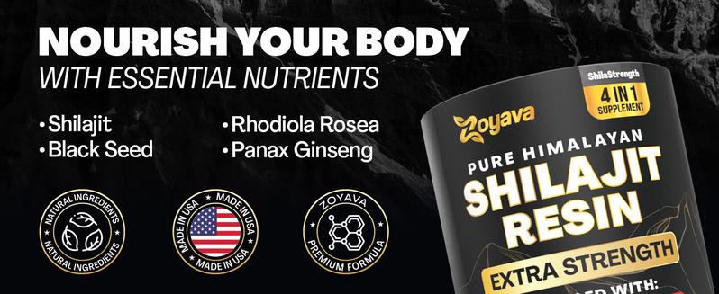 Zoyava Shilajit Resin: Pure Himalayan All-in-One Supplement with Extra Strength Ingredients - Caramel Flavored