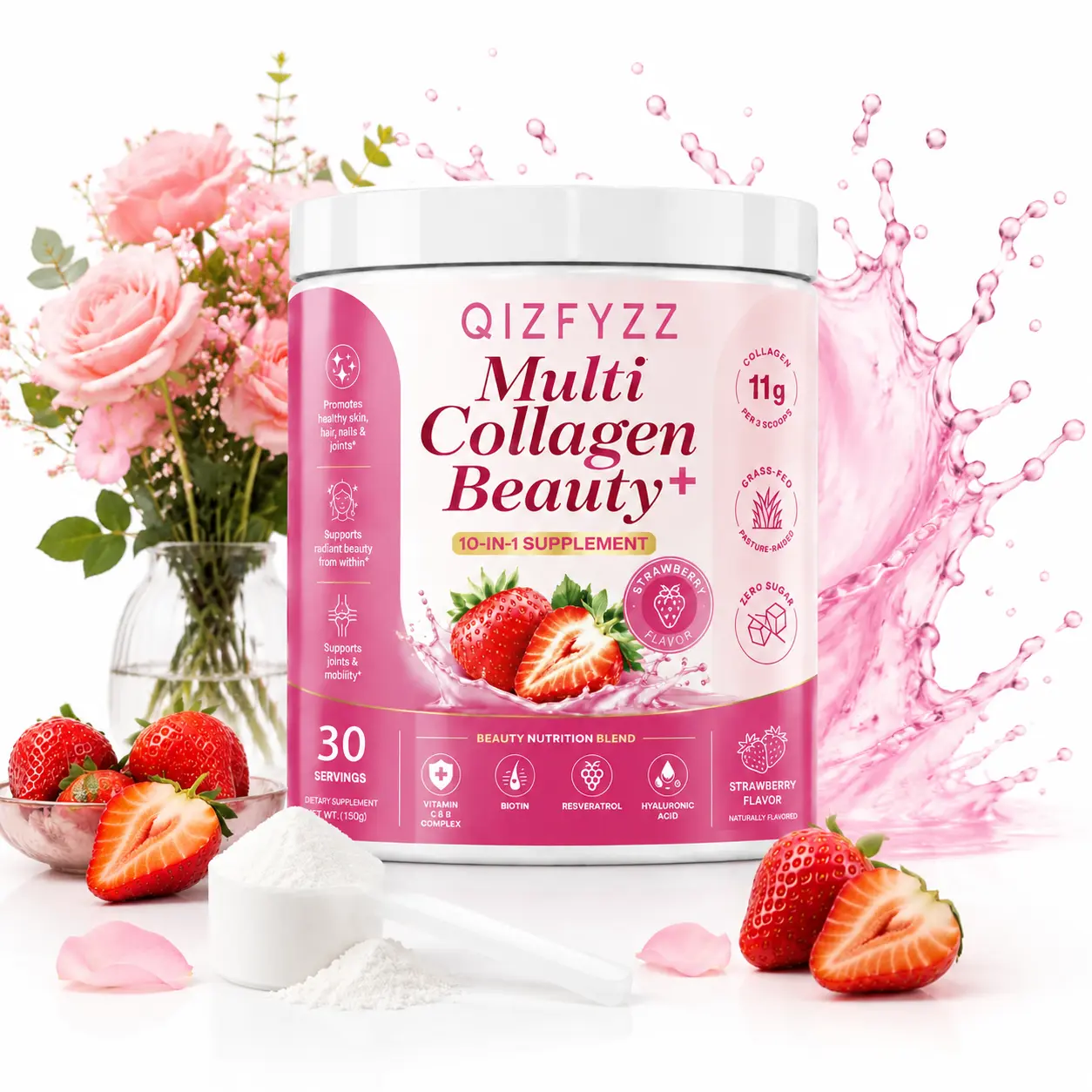 Premium collagen peptide beauty powder, suitable for skin, hair, and nails—contains 11 grams of protein, biotin, resveratrol, and hyaluronic acid; strawberry & peach flavor.