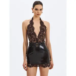 Faris Mahogany Plunging Halter Belted Mini Dress