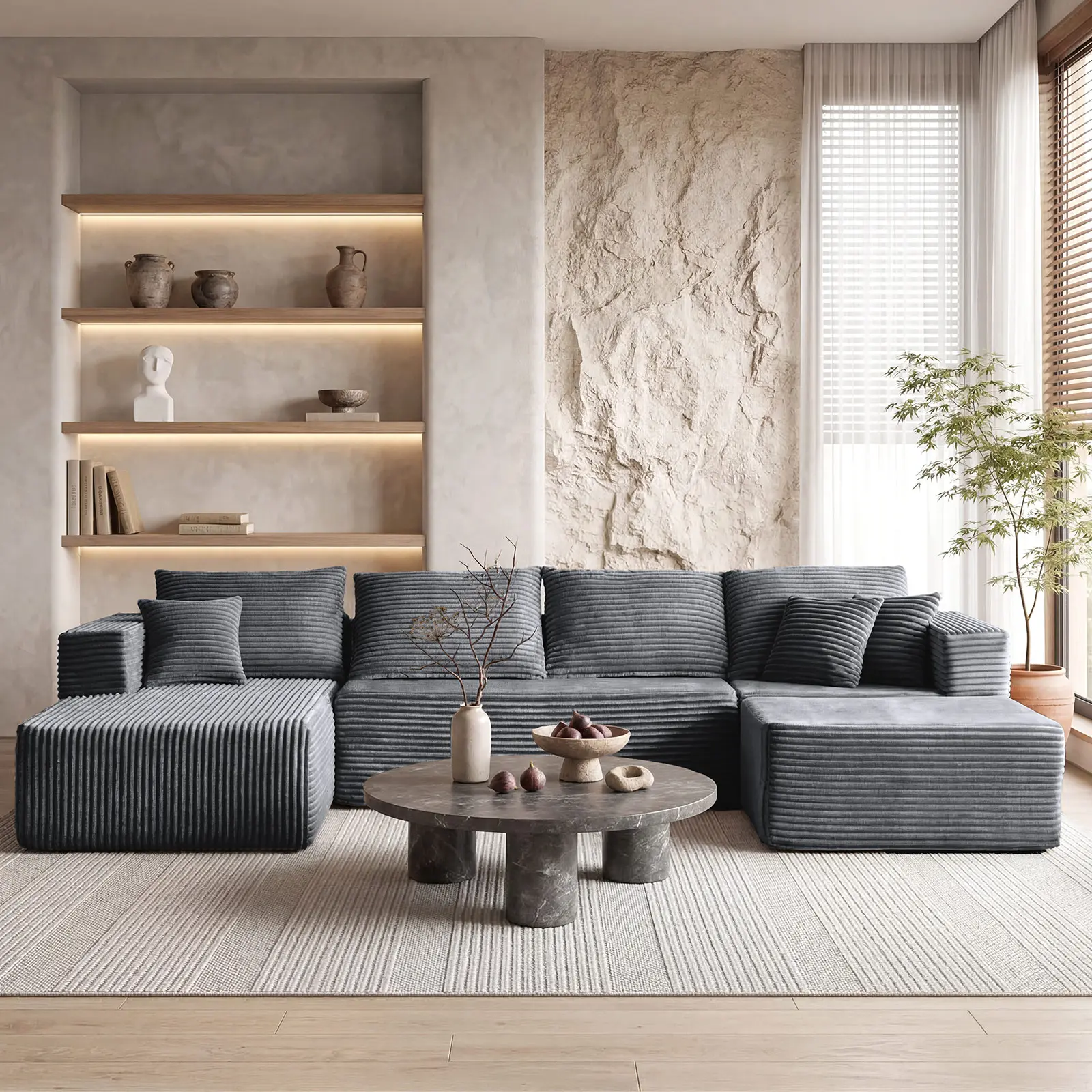 ModMood 133x70in Modular Corduroy Sectional Sofa - Cloud-Soft U-Shaped Couch with Chaise, Ottoman, 7 Pillows, No Assembly Needed - 2-in-1 Convertible Living Room Furniture (Cloud Couch for Sofas Living Room)