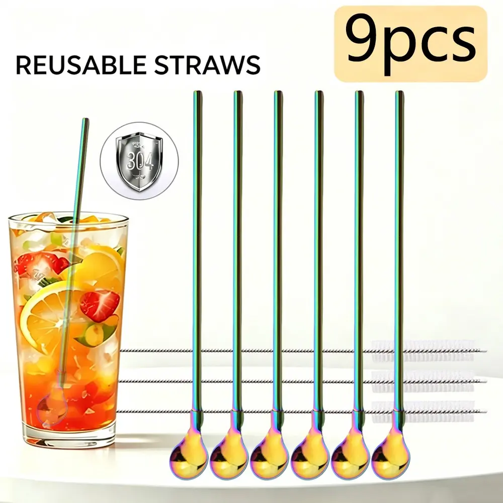 9 Reusable Stainless Steel Spoons Straws, Long Handle Drinking Spoons Straws, for Ice Cream, Coffee, Cold Drinks, Iced Tea, Set, Beverage Utensil, Drinkware