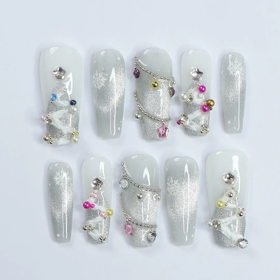 Elegant White Long Coffin Press-on Nails With Silver Chrome, Glitter & Gems - Perfect for Christmas Day or Gift for Her