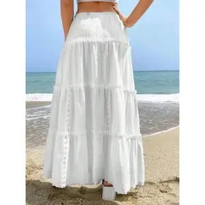 Women's Plain Frill Ruffle Hem Hollow Out A Line Skirt, Casual Elastic Waist Long Skirt For Beach Holiday Vacation, Ladies Summer Clothes??gift?? Fit WomenswearGift