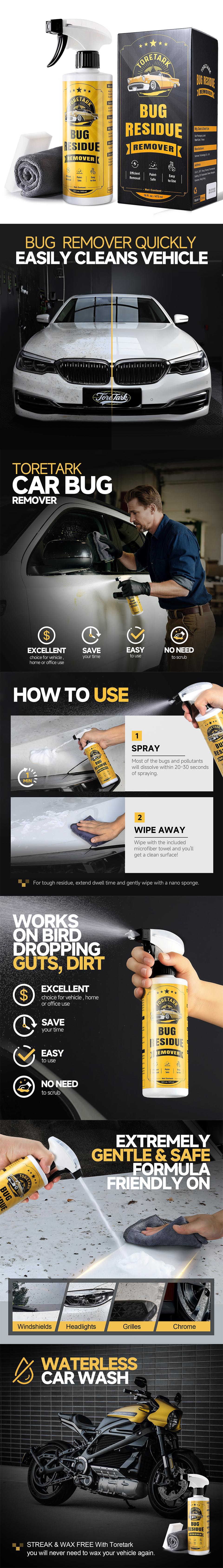 TORETARK-Car Bug Remover,Removing stubborn shellac from your car's surface,Car clean，Brighten，Easy to work Motor Wax Windshield Spray Stealth Coating.