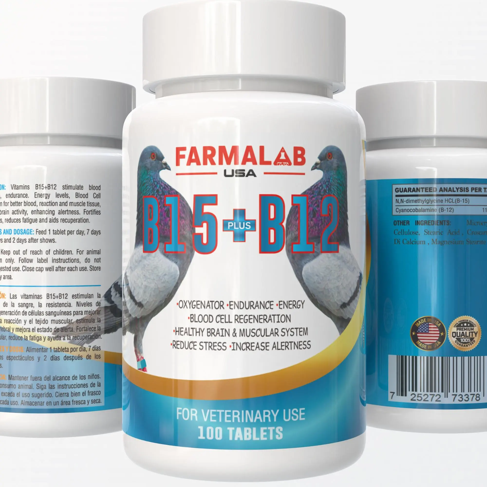 Farmalab Usa B15-B12 Pigeon Vitamin Supplement Bottle, 100 Tablets, 35mg, 500g, 7 Days Energy Formula to Boost Endurance, Enhance Blood Oxygenation & Support Muscle Health (Bird Healthcare Supplies), Blood Cell Regeneration