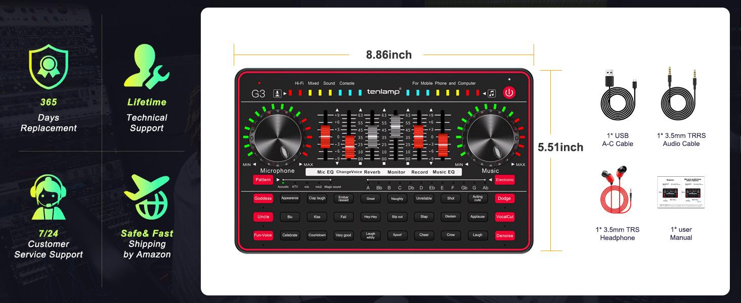 Tenlamp G3-Q8 Podcast Microphone bundle Live Sound Card Streaming Audio Mixer, Podcast Equipment with Voice Changer/Audio Interface for Live Streaming/Singing/Content Creation, with Voice Effects Soundboard Tenlamp G3-Q8 Podcast Microphone bundle Live Sound Card Streaming Audio Mixer, Podcast Equipment with Voice Changer/Audio Interface for Live Streaming/Singing/Content Creation, with Voice Effects Soundboard