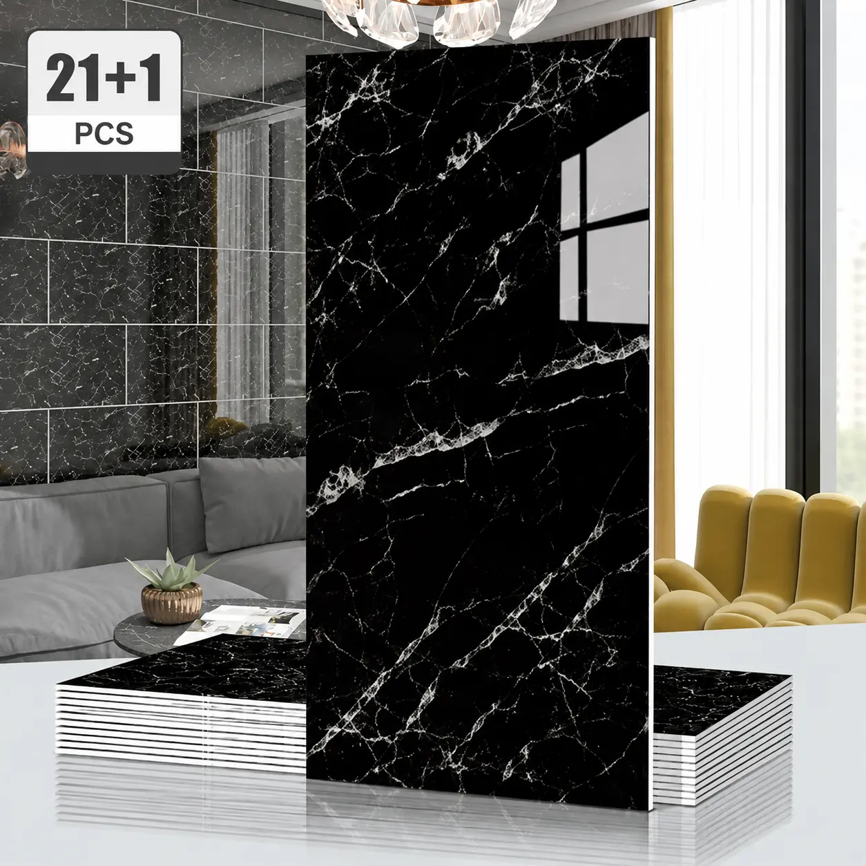 Modern Marble Peel and Stick Wall Tiles, Minimalist Black & White Self-Adhesive Wall Panels, Easy DIY Home Decor, 8/16/22 PCS