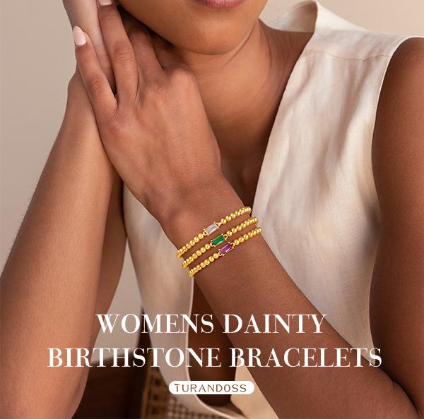 Turandoss Birthstone Beaded Bracelet for Women - 14K Gold Plated Bead Elastic Bangle Bracelets Trendy Friendship Birthday Jewelry Gifts for Women