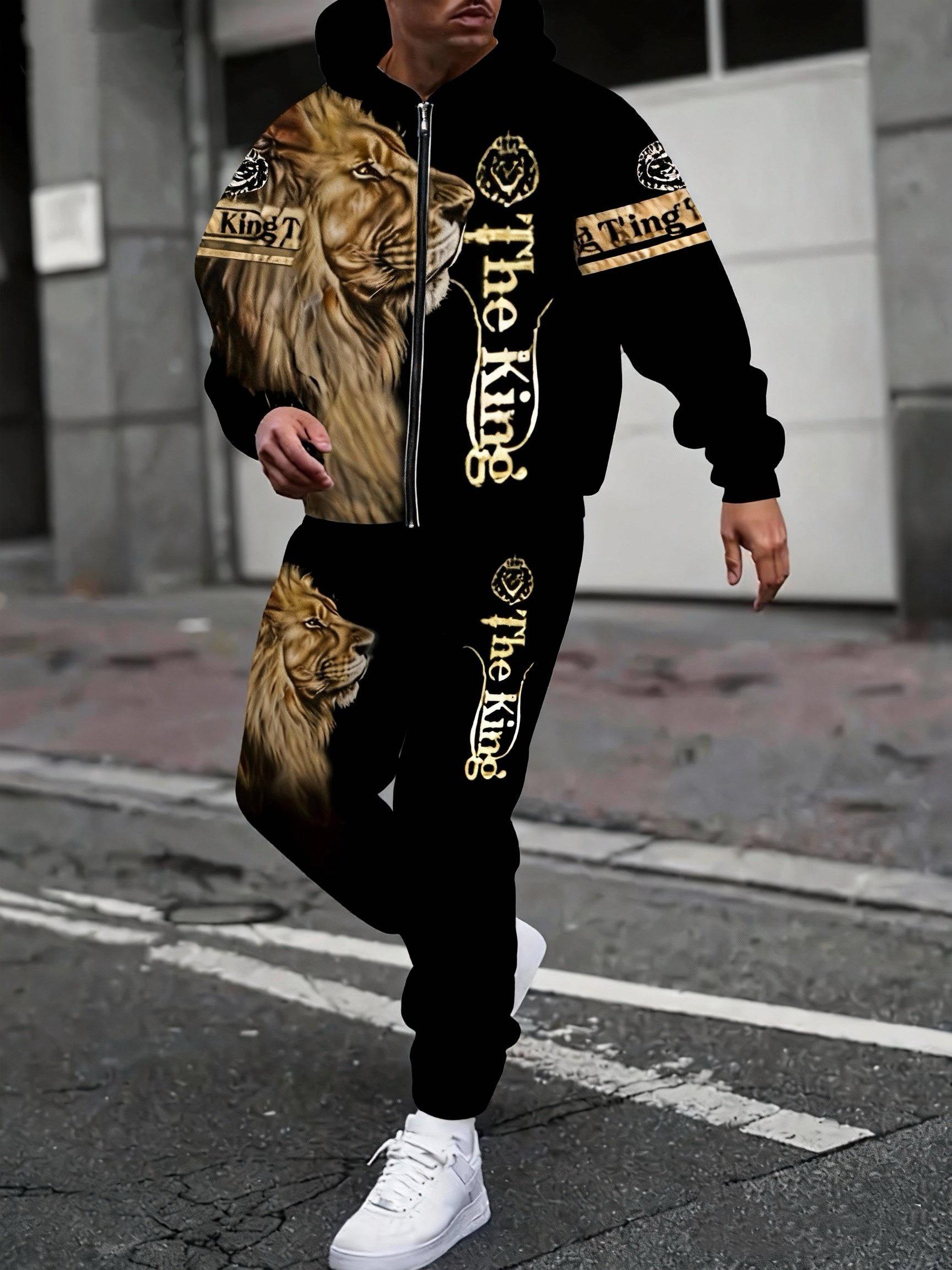 European and American Trendy Lion Print Hooded Sweatshirt Set Men's Street Style Loose Fit Sports Two-Piece Set