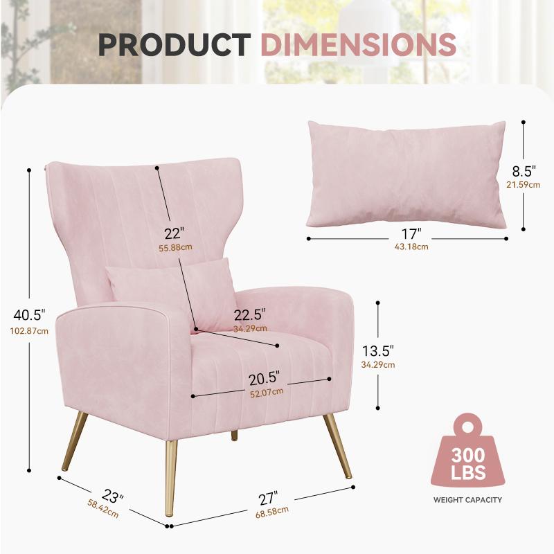 Velvet Accent Chair Wingback for Living Room, High Back Arm Chair with Golden Legs Lumbar Pillow, Upholstered Single Sofa Bedroom Beige