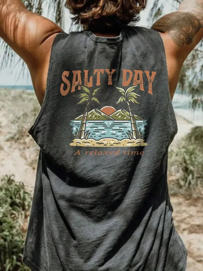 Men's Regular Fit Palm Tree & Mountain Print Tank Top, Casual Street Sleeveless Top for Daily Wear, Men's Clothes for All Seasons, Sleeveless Tank Tops, Socks