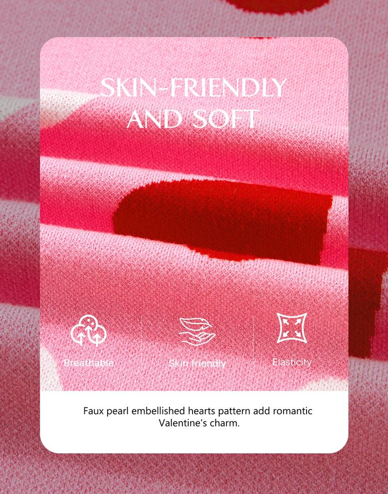 Asvivid Women's Faux Pearl Embellished Heart Pattern Valentines Day Sweater Tops Long Sleeve Pink Knitwear for Casual Wear Womenswear