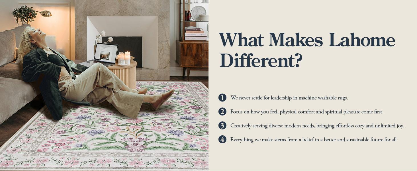 Lahome Boho Floral Area Rug – Washable, Non-Slip, Soft Thin Carpet for Living Room, Bedroom, Nursery and Kids Playroom