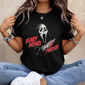 Scary Movies Forever Ghostface Horror T-Shirt Vintage Slasher Graphic Tee Halloween Horror Fan Unisex Black Shirt Gift