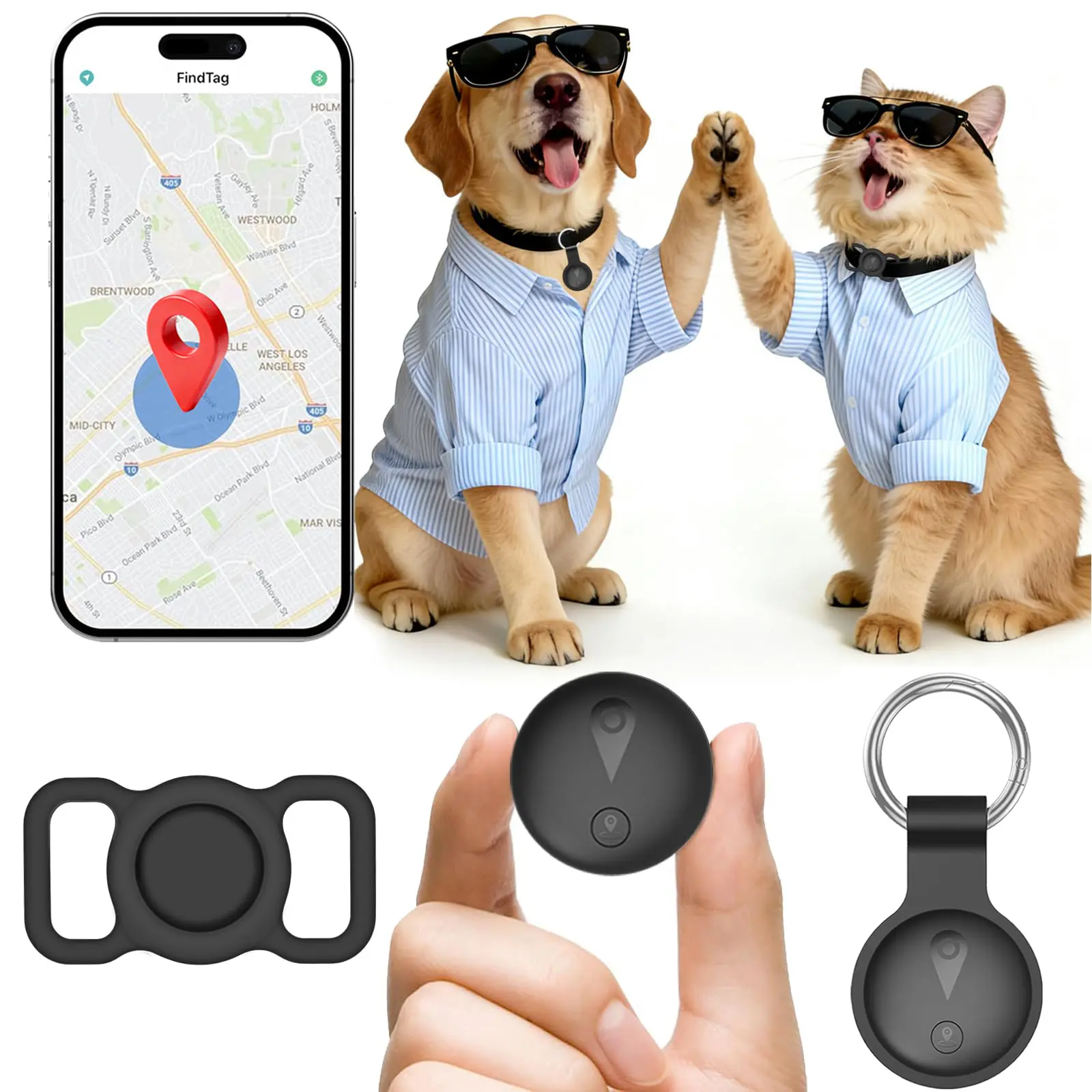 Pet GPS Tracker - Compatible with iOS “Find My” feature, a smart collar with real-time location tracking that includes a silicone collar mount and a silicone keychain case, no monthly fees or SIM card required, suitable for pets, luggage, and other items