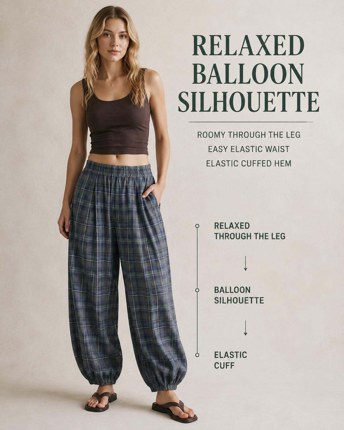 Tanming Women's Plaid Pull-On Balloon Pants, Cotton Twill Pants with Shirred Elastic Waist, Exaggerated Bubble Silhouette & Side Pockets Womenswear Bottom