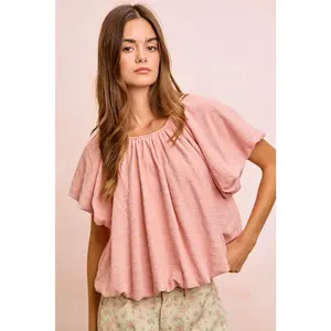 Textured Shirred Neckline Bubble Hem Top