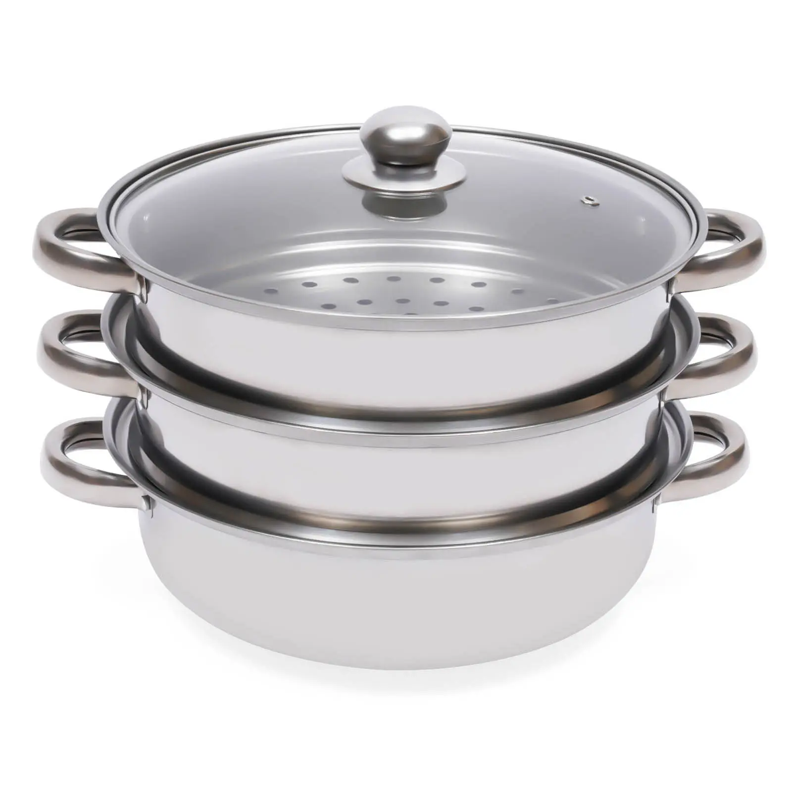 28cm (11in) Diameter Round Stainless Steel Steamer Pot - 1.6kg, Multi-Function, Dishwasher Safe, Energy-Gathering Base for Fast Heating, with Compartments, with Lid, Compatible with Induction & Gas Stoves, Ideal for Vegetables & Seafood Boil