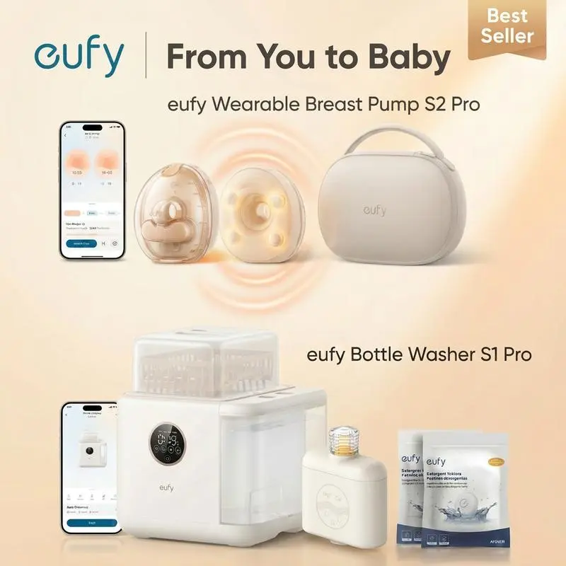 NEW eufy S2 Pro Bundle of S2 Pro Breast Pump & S1 Pro Bottle Washer ,Leading HeatFlow Tech, App-Controlled OptiRhythm, Hospital-Grade Suction, Built-in Water Softener, HydroBlast Washer, 212°F Steam Sterilizer & Thoroughly Fast Dryer, 10-Bottle Capacity,