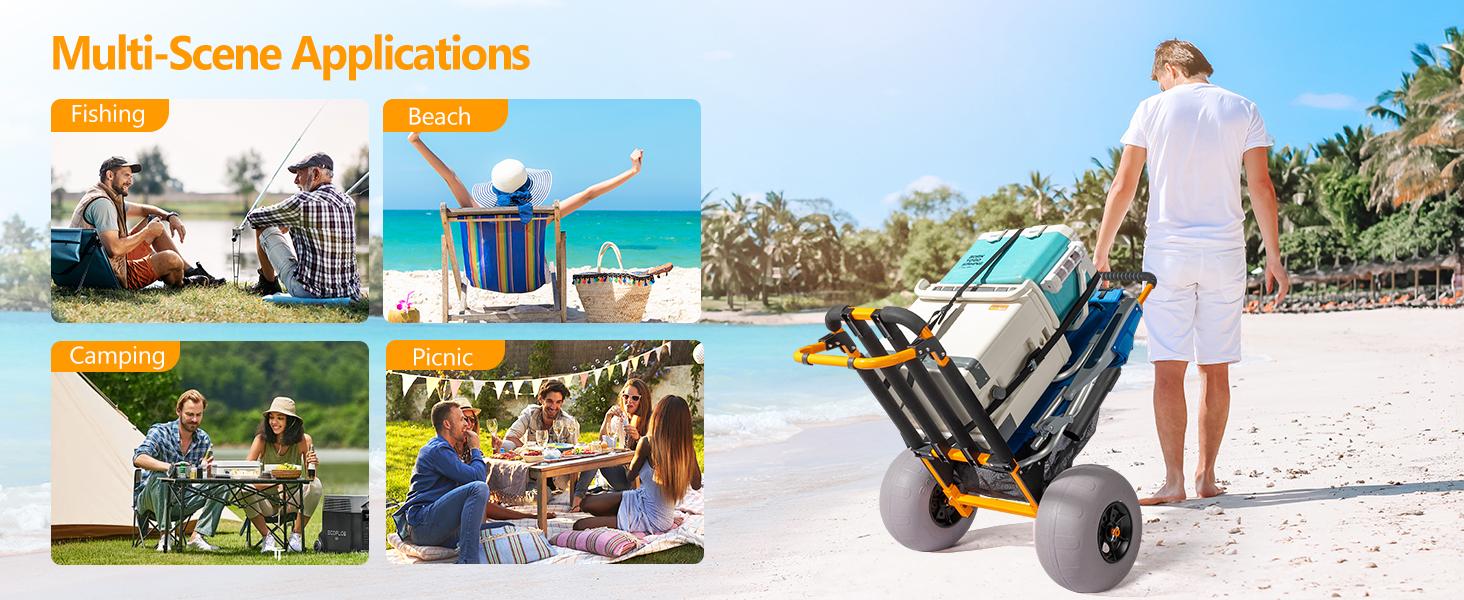 Bonnlo Beach Fishing Cart, Beach Wagon Trolley with 12" Big Balloon Wheels for Sand Foldable Beach Trailer with 23" x 15" Cargo Deck, Fishing Rods Holder, Water Bottle Holder, Mesh Bag, Hand Pump