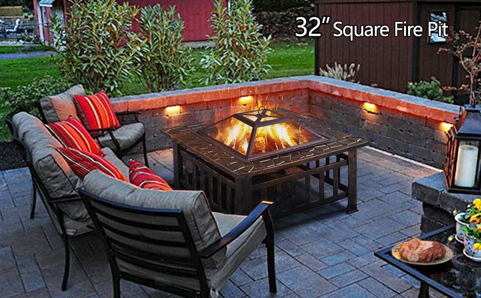 【Heavy Duty】Yaheetech  32‘’/34“Multifunctional Fire Pit Table Square Metal Fire Pit for Camping, Outdoor Heating, Bonfire & Picnic