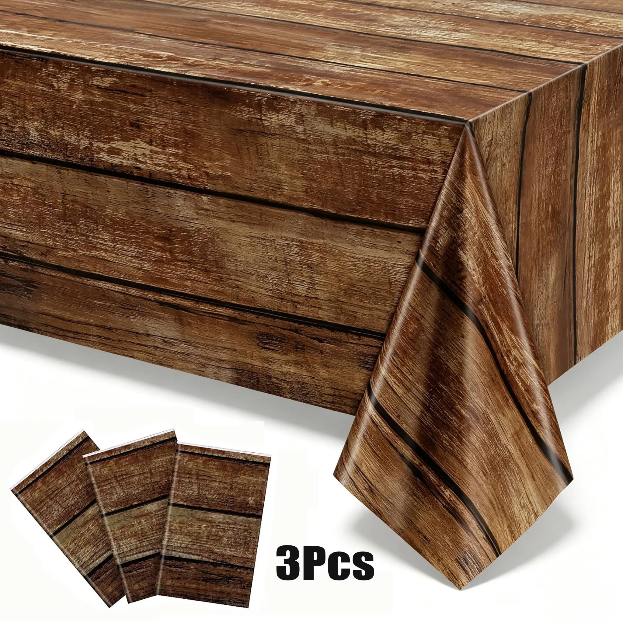 3-Pcs Brown Wood Grain Plastic Tablecloths - 54x108in Rustic Look Farmhouse Table Covers, Home Decor for Western Barn Weddings, Birthdays