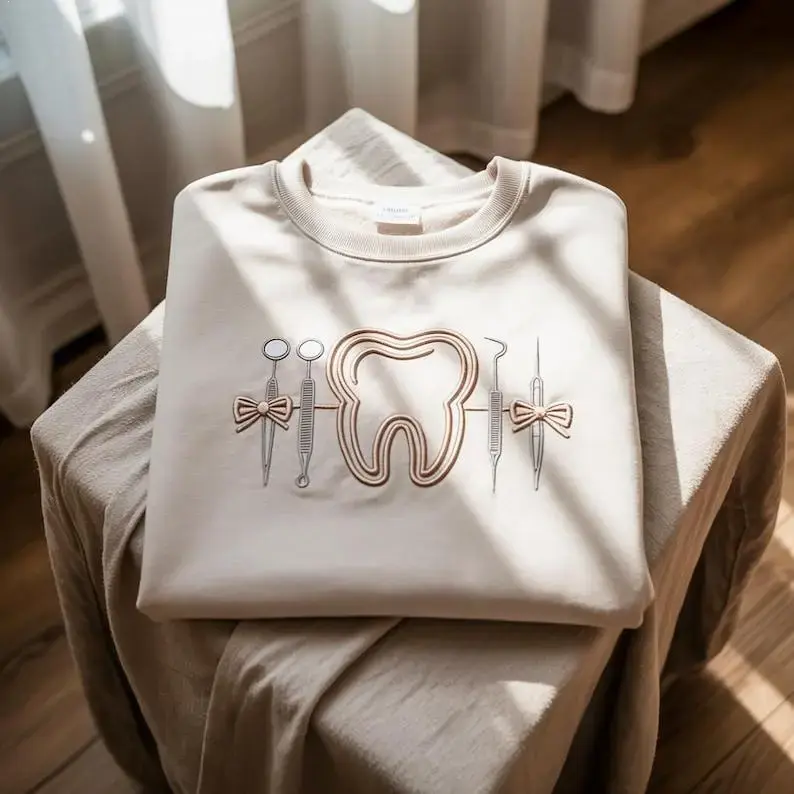 Dentist Tooth & Tools Embroidered Sweatshirt – Cute Dental Hygienist Crewneck, Minimalist Tooth Graphic Pullover, Cozy Dentist Uniform Top Gift for Dental Students, Hygienists, Dentists Graduation & Appreciation
