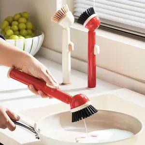 Kitchen Scrubber With Detergent Reservior,Pot Cleaning Brush With Refillable Soap Chamber,Sucktion Standing Brush,Long Handle Durable PET Bristles Brush