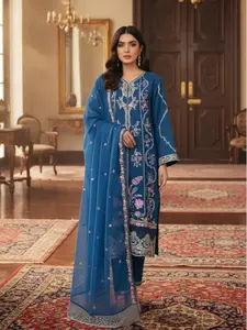 Women's 3-Piece Lawn Embroidered Suit, Blue Ready-to-Wear Clothes with Premium Fabric and Matching Trouser