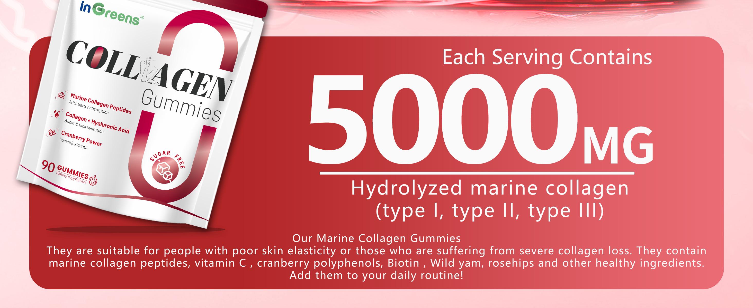 InGreens Collagen Gummies with Hydrolyzed Marine Collagen 5000mg Supplement for Women Aging & Healthcare Zero Sugar 30 Days Serving 90 Gummies US