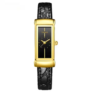 Women's Dainty Retro Rectangle Dress Watch Slim Genuine Leather Strap Gold Silver Rose Gold Tone Waterproof Quartz Watch for Office & Daily Outfits