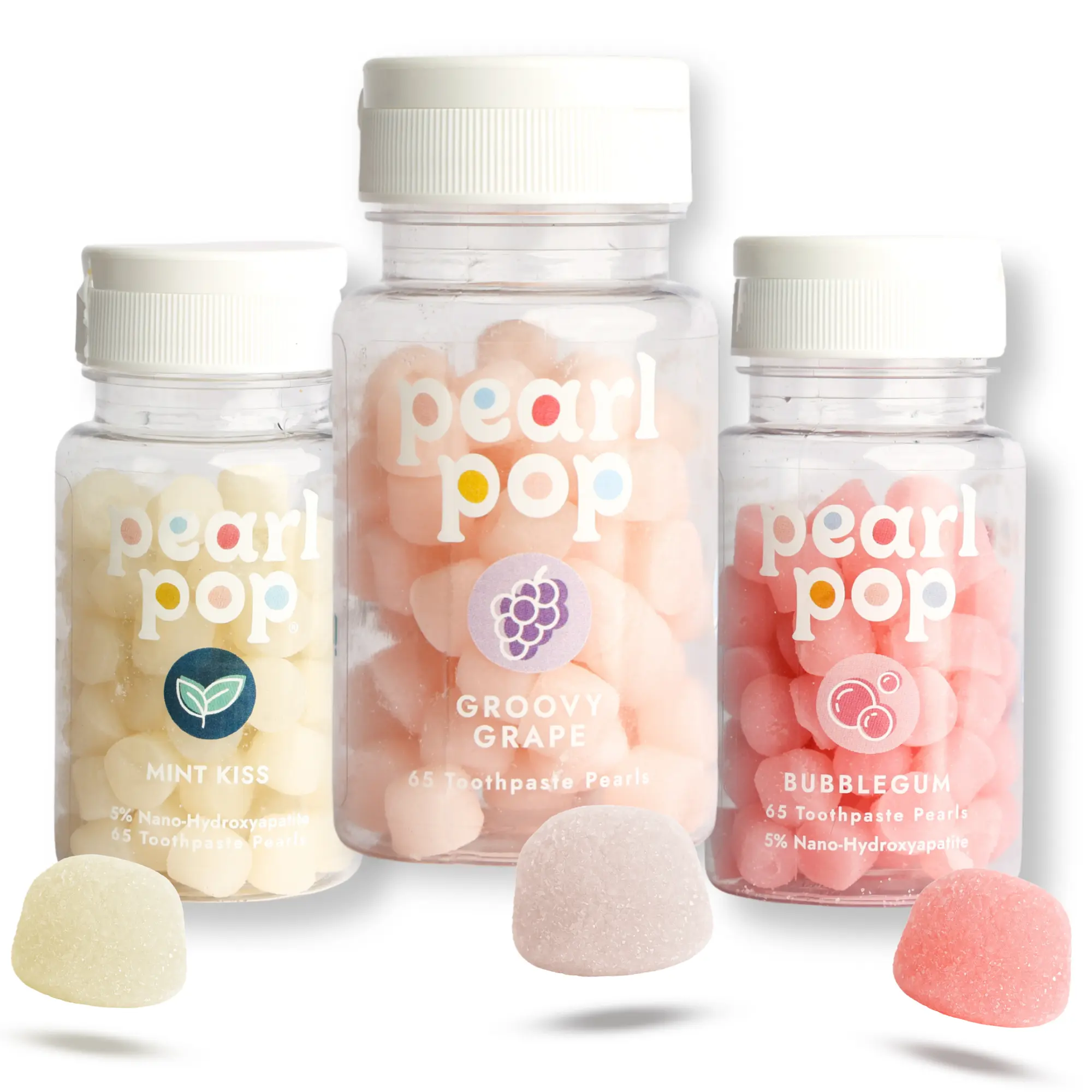 Pearl Pop Gummy Toothpaste Pearls - Made with Nano-Hydroxyapatite, Fluoride-free, Chewy Toothpaste Replacement, Mess-Free, Kid-Safe, Adult-Friendly, Dentist Approved, Xylitol, nHAP, Travel Toothpaste, 65-count single flavor bottle or 80-count variety pack