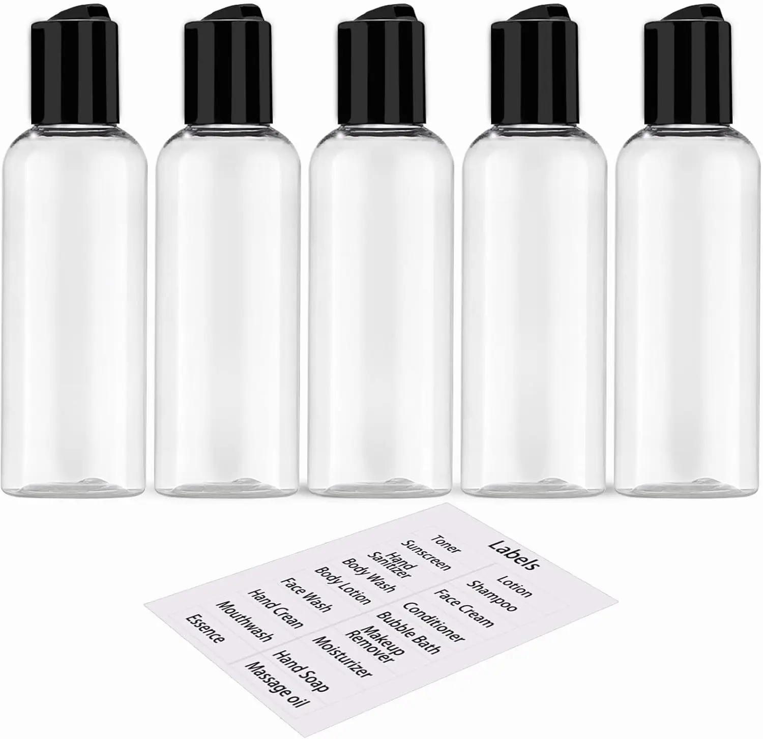 5-Pack 3.4 oz Round Modern Travel Toiletries Bottles, TSA-Approved Leakproof BPA-Free Refillable Durable Plastic Storage Bottles & Jars, Carry-On Safe, Wide Mouth for Easy Filling, with Labels