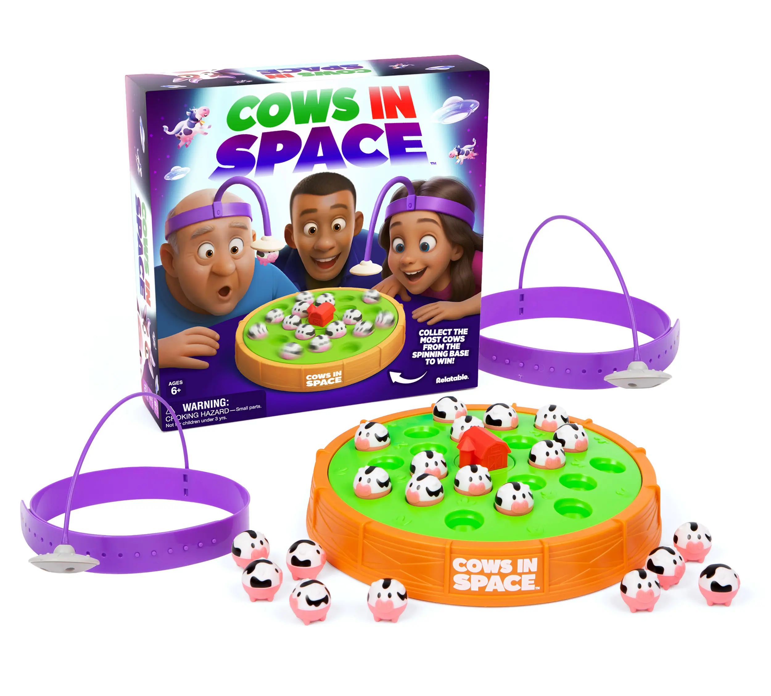 Cows In Space By Relatable, The Kid-Friendly Extraterrestrial Game, Fun Games And 2 Player Games, Great For Space Games, Includes 2 UFO Headbands, 1 Electronic Spinning Base, 21 Cows, and Instructions