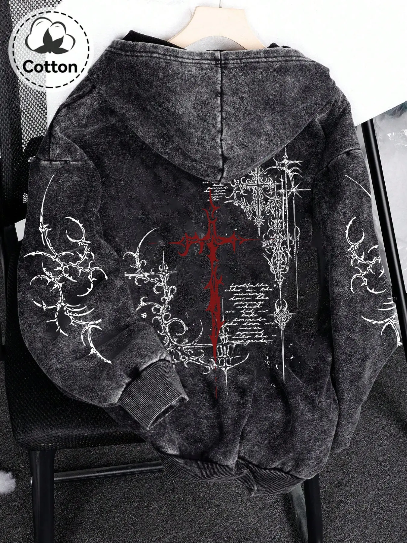 Men's Zip-Up Hoodie with Gothic Style Graphic Thorn Cross Print, Casual Cotton Loose-Fitting Hooded Sweatshirt for Daily Wear, Fashion Casual Comfy Zipper Sweatshirt