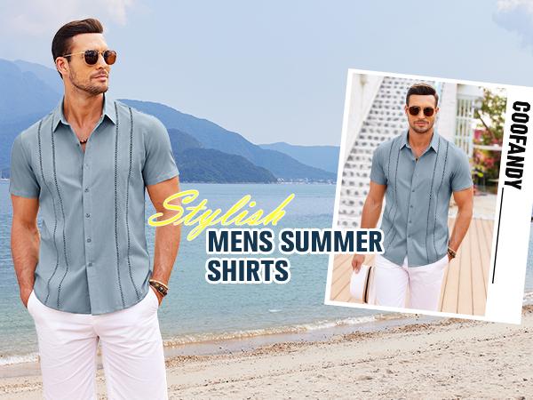 COOFANDY Men's Cuban Guayabera Shirt Short Sleeve V-Neck Button Down Casual Summer Beach Linen Top Fitted Breathable Soft Fabric