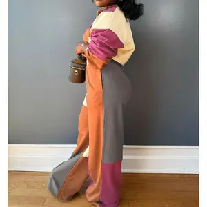 Casual Patchwork Women's Two-Piece Set Long Sleeve Zipper Pullover Straight Drawstring Pants