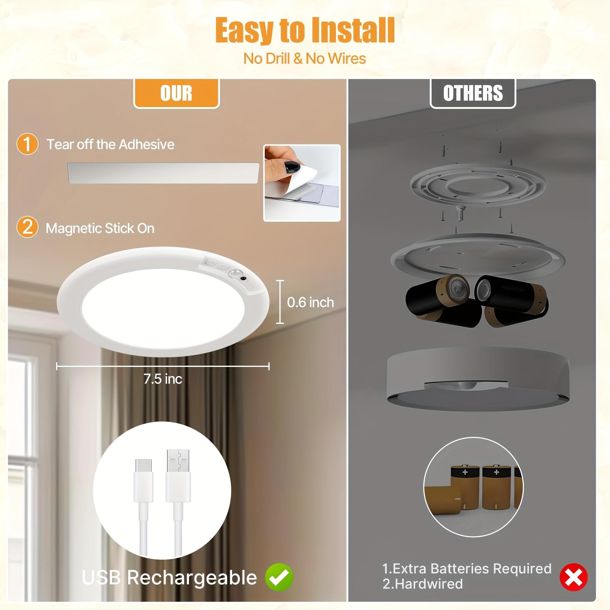 2PCS Rechargeable Motion Sensor Ceiling Light with Remote Control 3 Color Temperatures Magnetic Mount Battery Operated for Bedroom Closet Shower Stairs hallway porch patio ect Modern lighting lamp