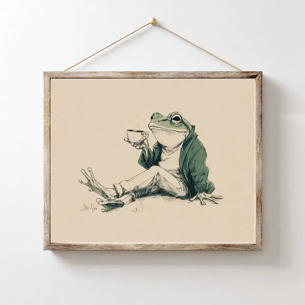 Frog Coffee Print, Vintage Frog Wall Art, Kitchen Poster, Funny Frog Decor, Frog Sketch, Horizontal Print, Coffee Bar Art, Q