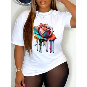 Vintage Floral Print Women Casual Polyester T Shirt Round Neck Spring Regular Fit White Knit Fabric