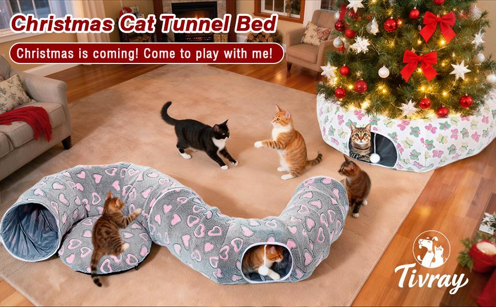 Cat Tunnels for Indoor Cats, 35'' Plush Cat Tunnel Bed Christmas Tree Skirt with Playful Ball and Circle Cushion, Foldable Peekaboo Cave, Interactive Toy,